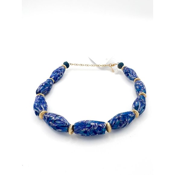 AKOLA Marbled Glass & Raffia Statement Choker Necklace - Blue Multi - Picture 3 of 5